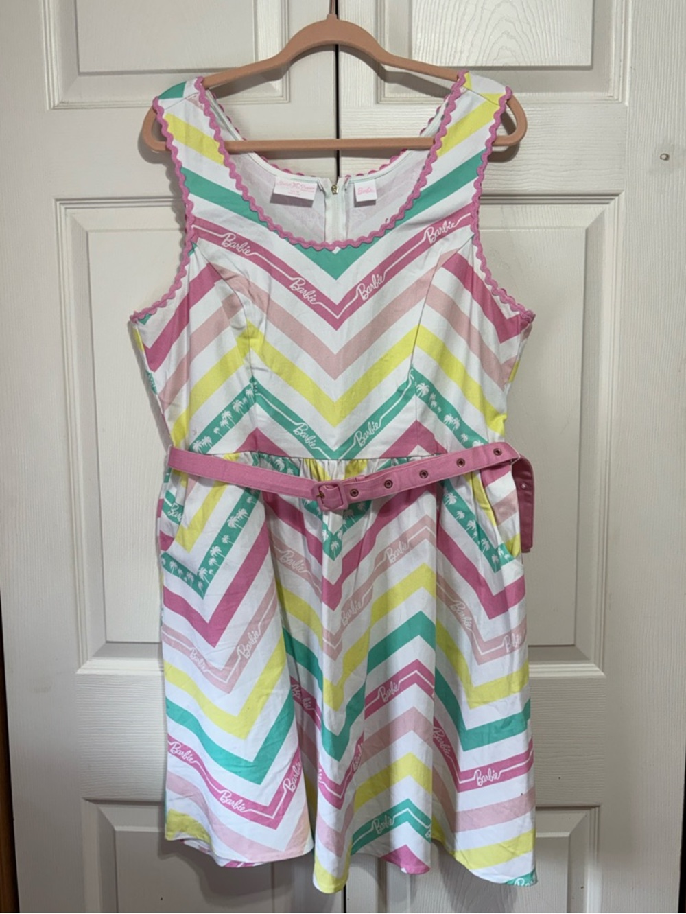 Barbie Pink Mint Yellow Chevron Stripe Sleeveless Dress with Belt